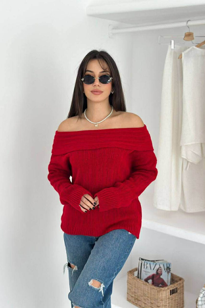 OFF SHOULDERS ONE COLOR WOMEN SWEATER RED/E KUQE - 4