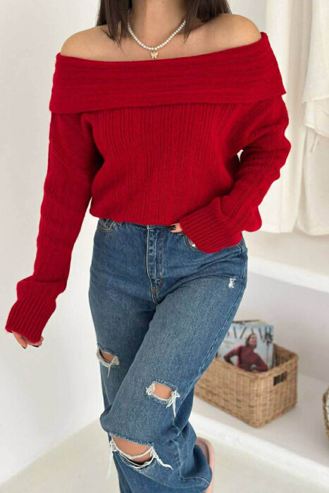 OFF SHOULDERS ONE COLOR WOMEN SWEATER RED/E KUQE - 5