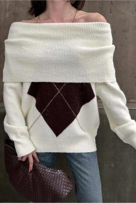 OFF SHOULDERS RHOMBUS DESIGN WOMEN SWEATER CREAM/KREM - 2