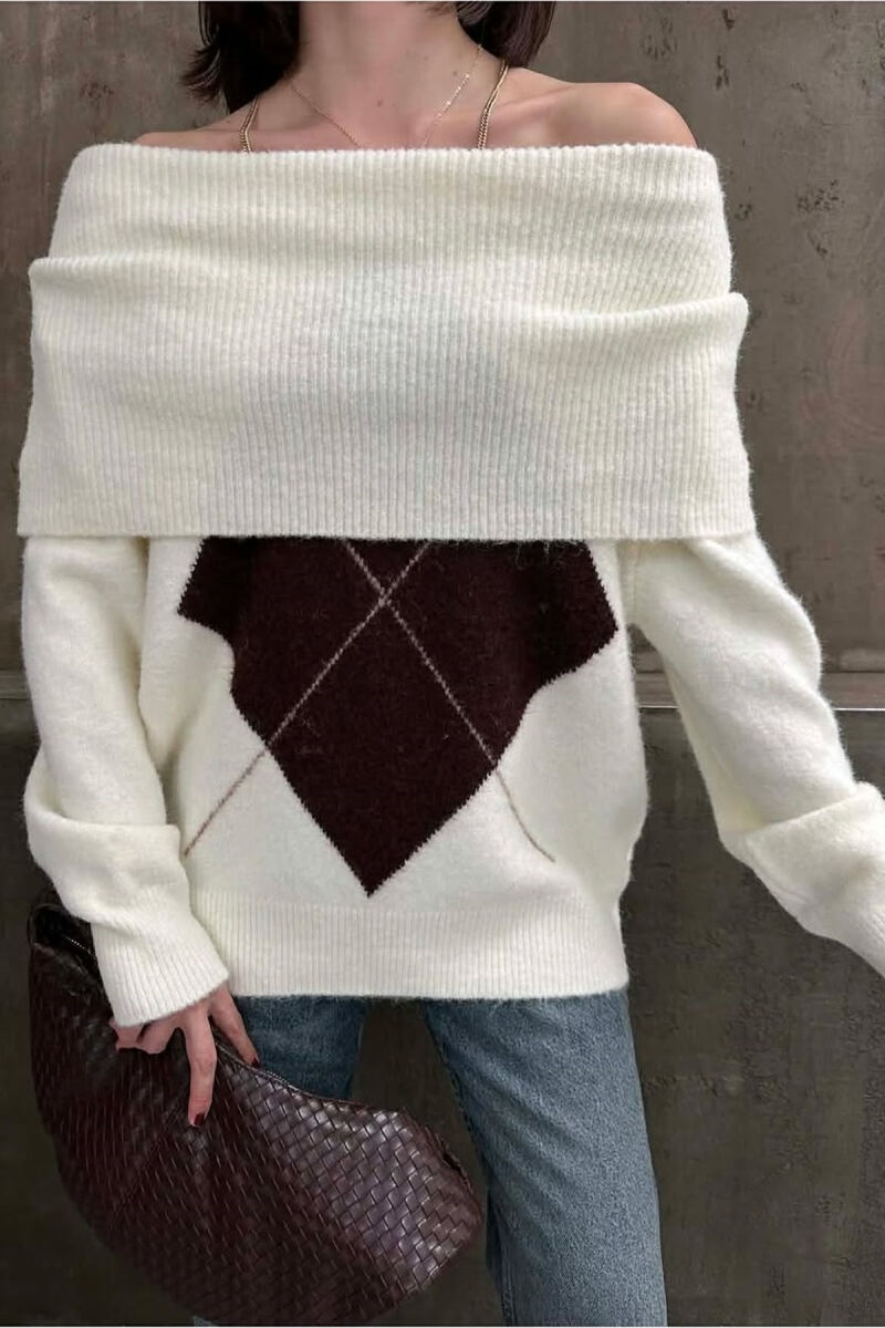 OFF SHOULDERS RHOMBUS DESIGN WOMEN SWEATER CREAM/KREM - 2