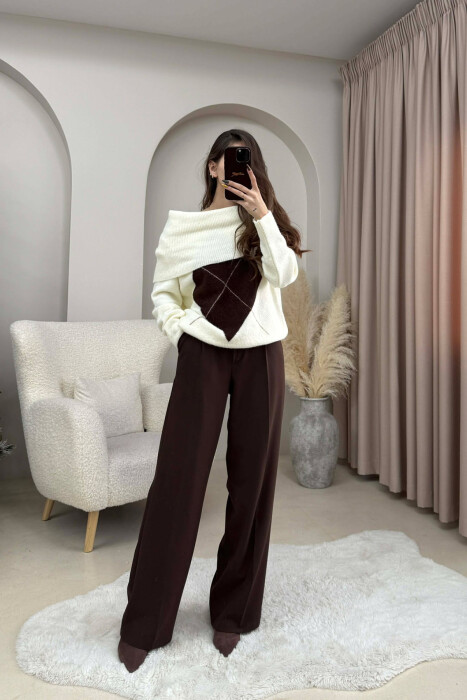 OFF SHOULDERS RHOMBUS DESIGN WOMEN SWEATER CREAM/KREM - 1