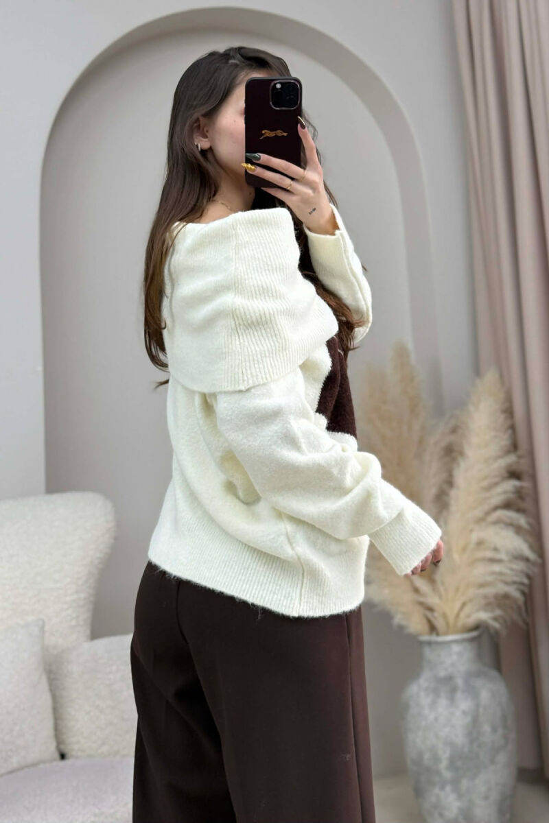 OFF SHOULDERS RHOMBUS DESIGN WOMEN SWEATER CREAM/KREM - 4