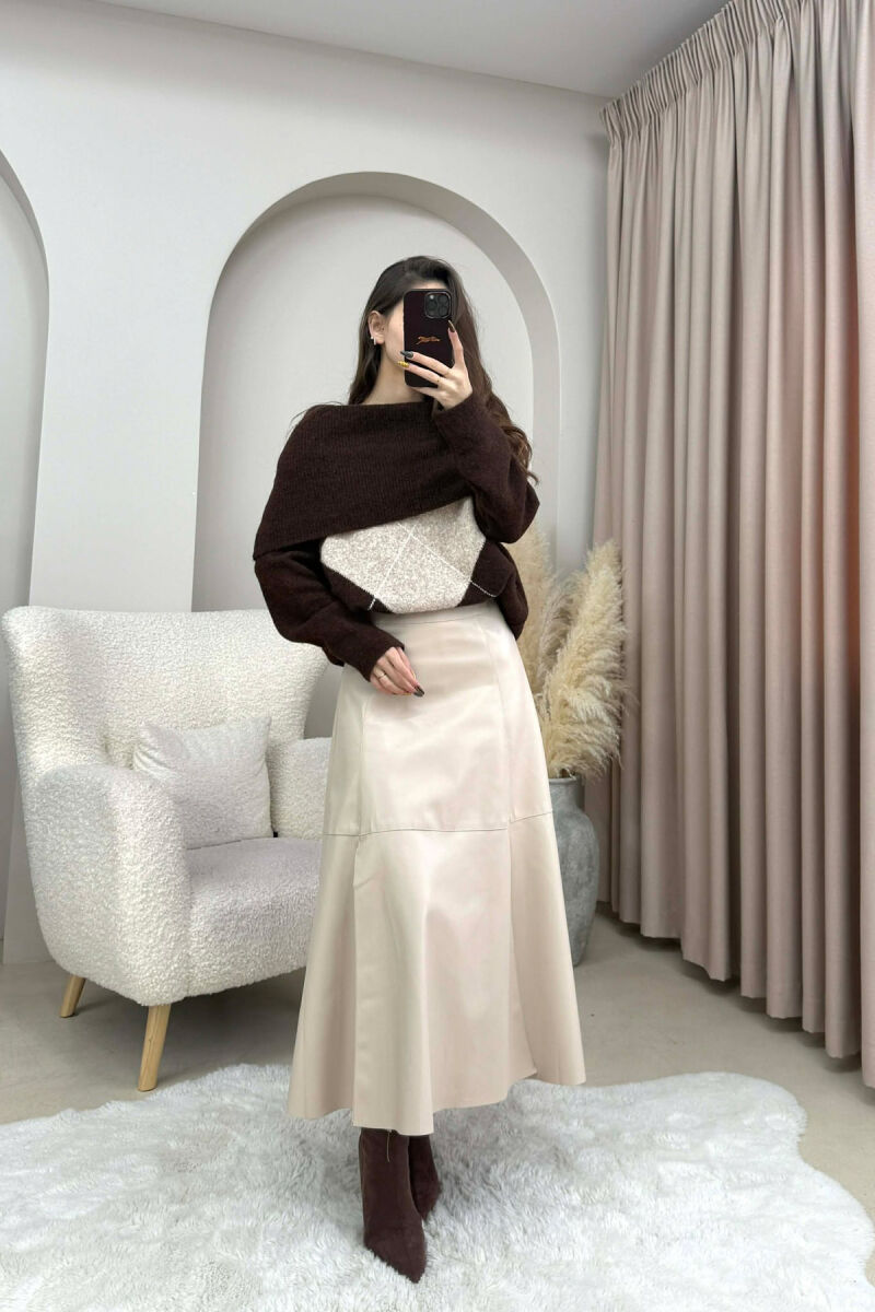 OFF SHOULDERS RHOMBUS DESIGN WOMEN SWEATER DARK BROWN/KAE - 4