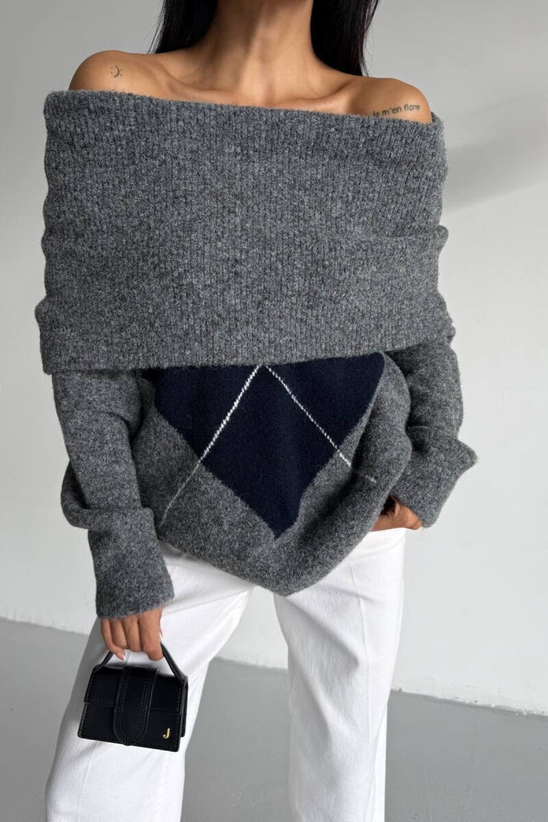OFF SHOULDERS RHOMBUS DESIGN WOMEN SWEATER GREY/GRI - 1