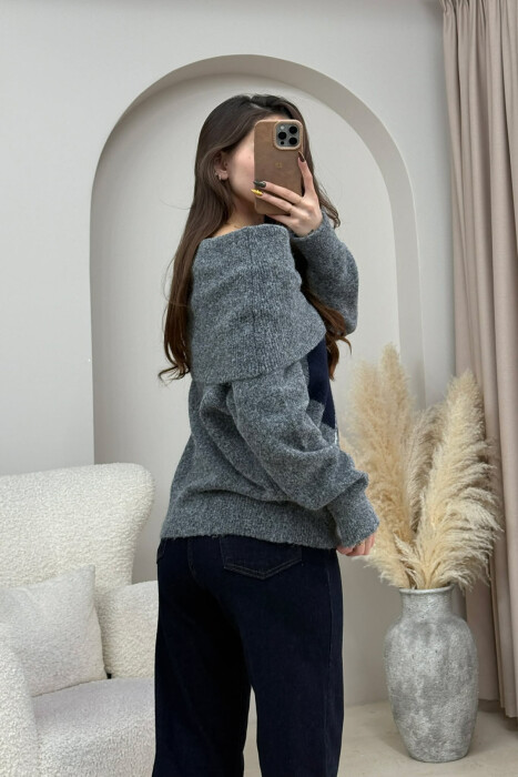 OFF SHOULDERS RHOMBUS DESIGN WOMEN SWEATER GREY/GRI - 2