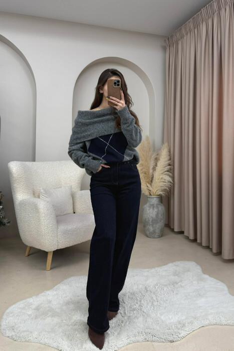 OFF SHOULDERS RHOMBUS DESIGN WOMEN SWEATER GREY/GRI - 3