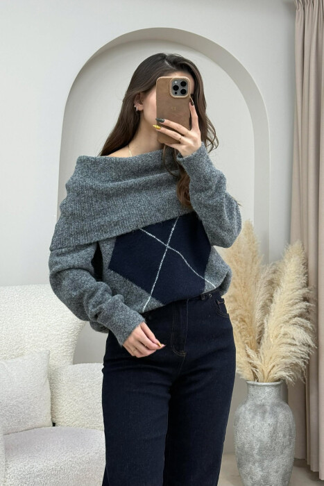 OFF SHOULDERS RHOMBUS DESIGN WOMEN SWEATER GREY/GRI - 4