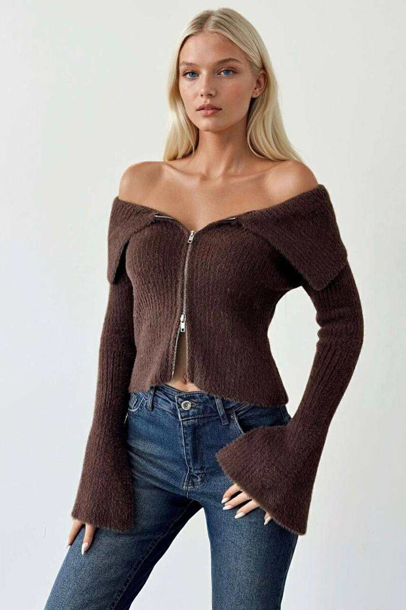 OFF SHOULDERS ZIPPERED WOMEN CARDIGAN BROWN/KAFE - 1
