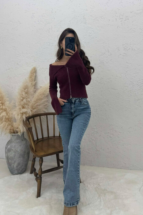 OFF SHOULDERS ZIPPERED WOMEN CARDIGAN BURGUNDY/VISHNJE 