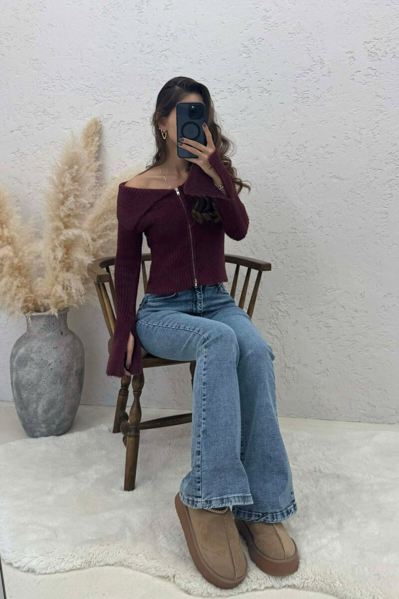 OFF SHOULDERS ZIPPERED WOMEN CARDIGAN BURGUNDY/VISHNJE - 4