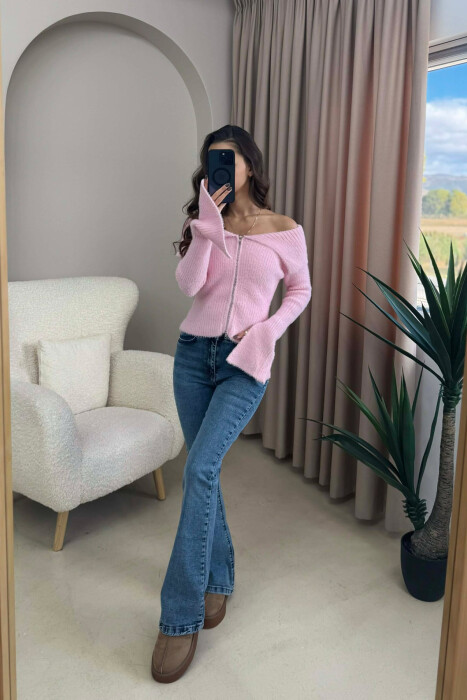 OFF SHOULDERS ZIPPERED WOMEN CARDIGAN PINK/ROZE - 2