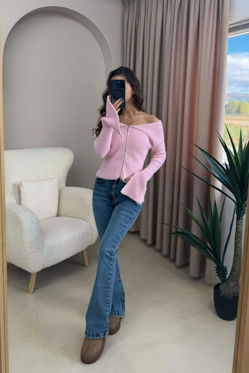 OFF SHOULDERS ZIPPERED WOMEN CARDIGAN PINK/ROZE - 2