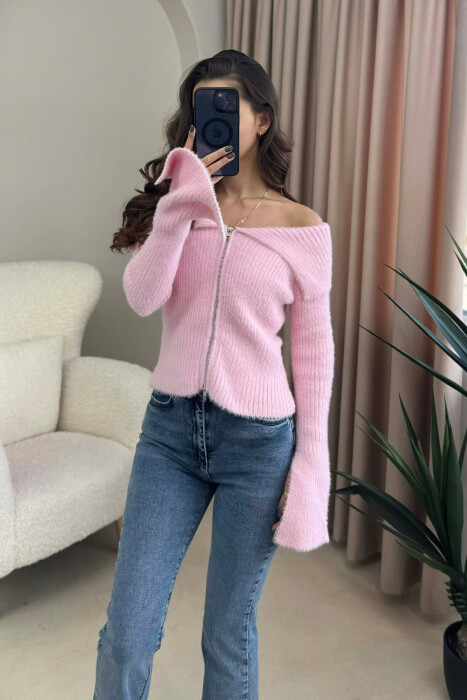 OFF SHOULDERS ZIPPERED WOMEN CARDIGAN PINK/ROZE - 3