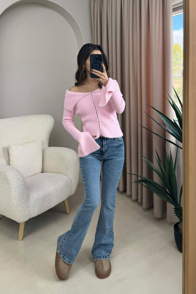 OFF SHOULDERS ZIPPERED WOMEN CARDIGAN PINK/ROZE - 4