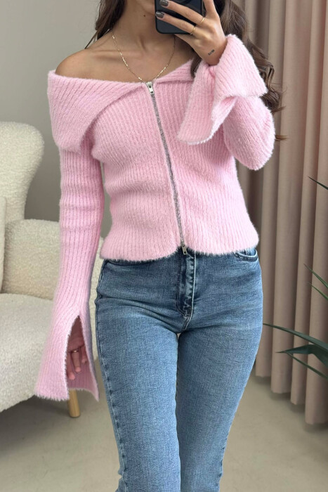 OFF SHOULDERS ZIPPERED WOMEN CARDIGAN PINK/ROZE - 6