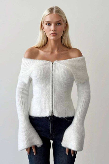 OFF SHOULDERS ZIPPERED WOMEN CARDIGAN WHITE-E BARDHE 