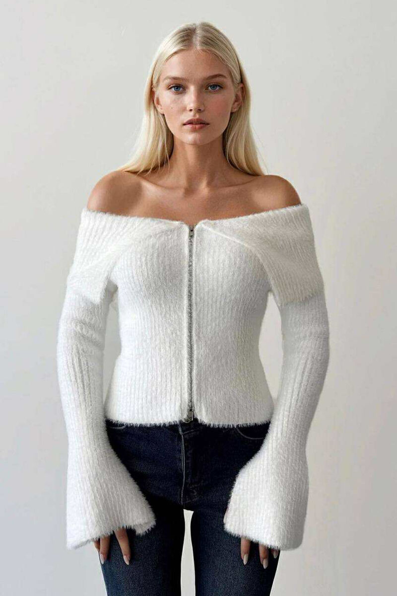 OFF SHOULDERS ZIPPERED WOMEN CARDIGAN WHITE-E BARDHE - 1