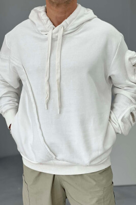 ONE ARM POCKET DETAILS MEN HOODIE WHITE-E BARDHE 