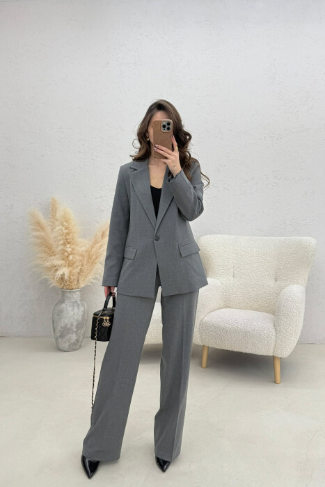 ONE BUTTON JACKET+TROUSERS CLASSIC WOMEN SET GREY/GRI - KLAUDIO FASHION