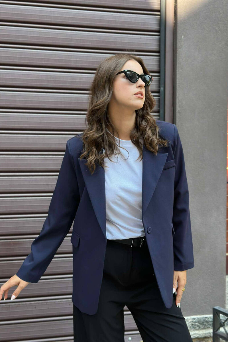 ONE BUTTON SIMPLE WOMAN JACKET IN DARK BLUE COLOR - 2