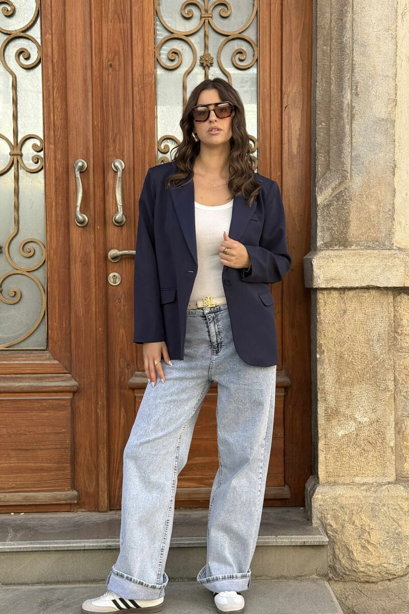 ONE BUTTON ONE COLOR SIMPLE WOMAN JACKET DARK BLUE/BEE - 1