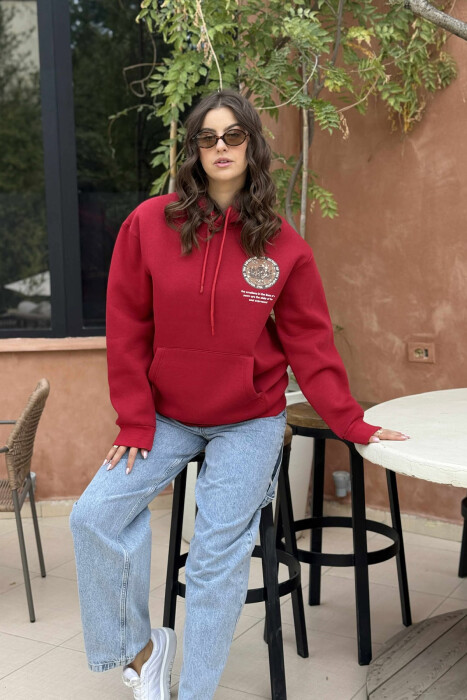 ONE COLOR BACK DESIGN FLUFFY WOMEN HOODIE RED/E KUQE - KLAUDIO FASHION