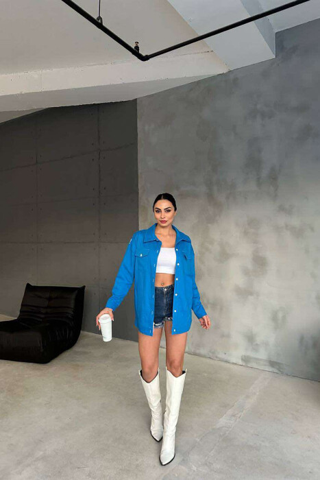 ONE COLOR BACK KNITTED DESIGN WOMEN SHIRT BLUE/BLU 