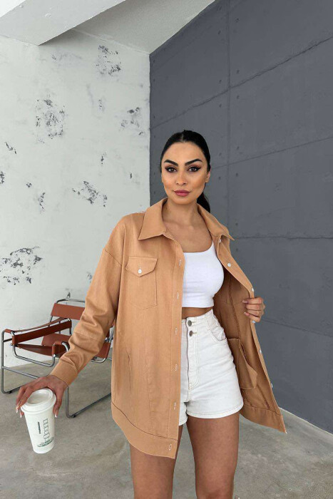 ONE COLOR BACK KNITTED DESIGN WOMEN SHIRT LIGHT BROWN/KAZB 