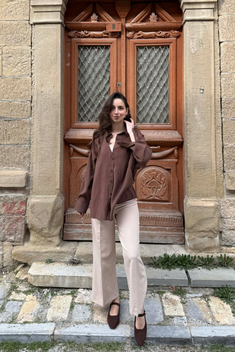 ONE COLOR BACK LACING DEIAILS WOMAN SHIRT BROWN/KAFE - 3