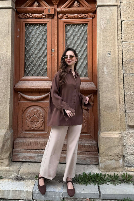 ONE COLOR BACK LACING DEIAILS WOMAN SHIRT BROWN/KAFE - 5