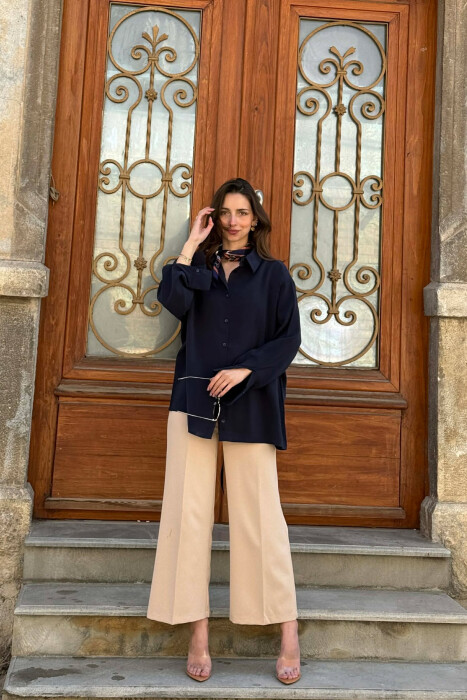 ONE COLOR BACK LACING DEIAILS WOMAN SHIRT DARK BLUE/BEE - 1