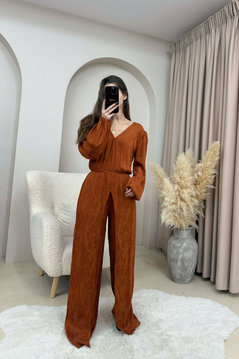 ONE COLOR BACK ZIPPER DETAIL WOMEN JUMPSUIT BROWN/KAFE - 1