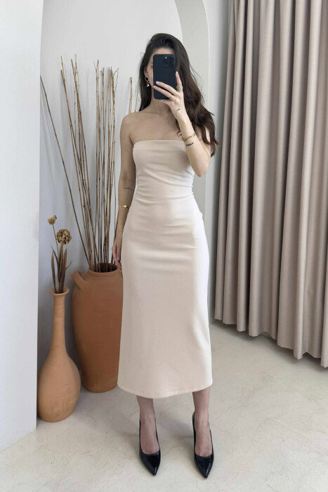 ONE COLOR BACK ZIPPER WOMEN DRESS BEIGE/BEZHE 