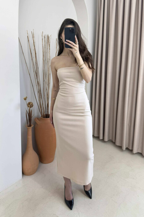 ONE COLOR BACK ZIPPER WOMEN DRESS BEIGE/BEZHE - 2
