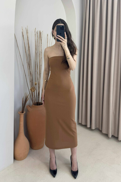 ONE COLOR BACK ZIPPER WOMEN DRESS BROWN/KAFE - 3