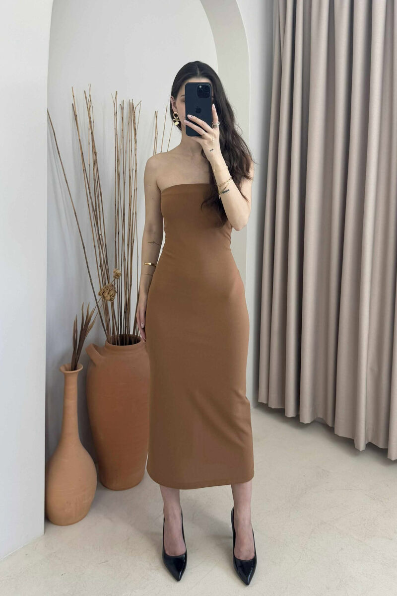 ONE COLOR BACK ZIPPER WOMEN DRESS BROWN/KAFE - 3