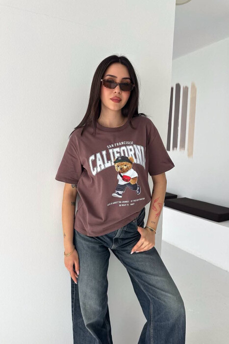 ONE COLOR BEAR IMAGE WOMAN T-SHIRT BROWN/KAFE - 1