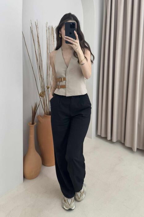 ONE COLOR BELT AND BUTTONS DETAIL WOMEN VEST BEIGE/BEZHE 