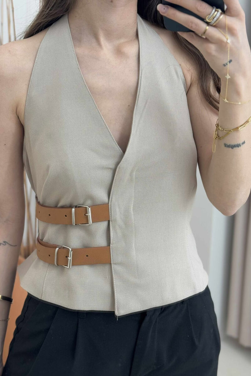 ONE COLOR BELT AND BUTTONS DETAIL WOMEN VEST BEIGE/BEZHE - 3