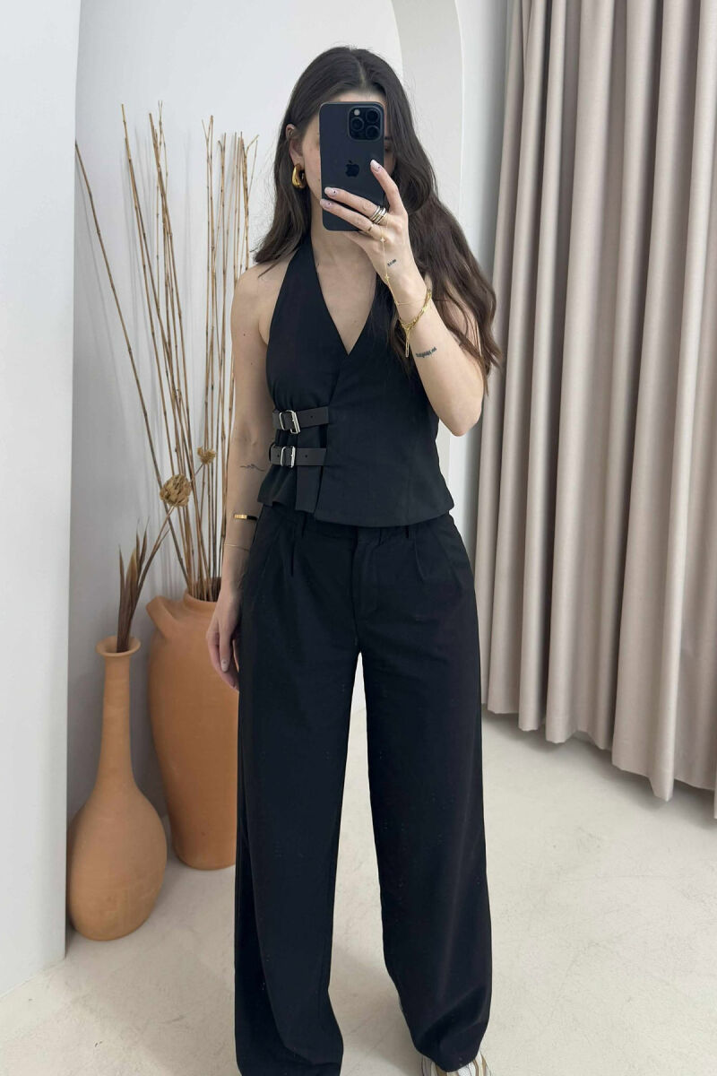 ONE COLOR BELT AND BUTTONS DETAIL WOMEN VEST BLACK/ E ZEZE - 1