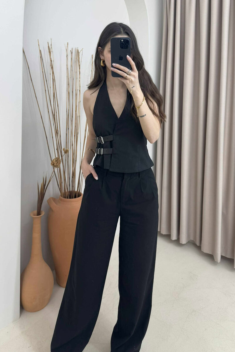 ONE COLOR BELT AND BUTTONS DETAIL WOMEN VEST BLACK/ E ZEZE - 2