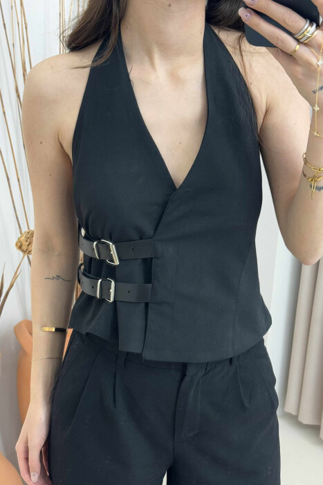 ONE COLOR BELT AND BUTTONS DETAIL WOMEN VEST BLACK/ E ZEZE - 3