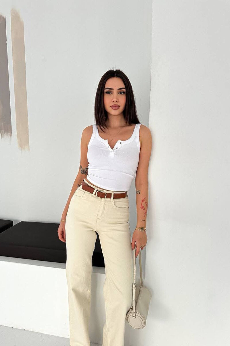 ONE COLOR BELT DETAIL CUT OF EDGES WOMAN JEANS CREAM/KREM - 1