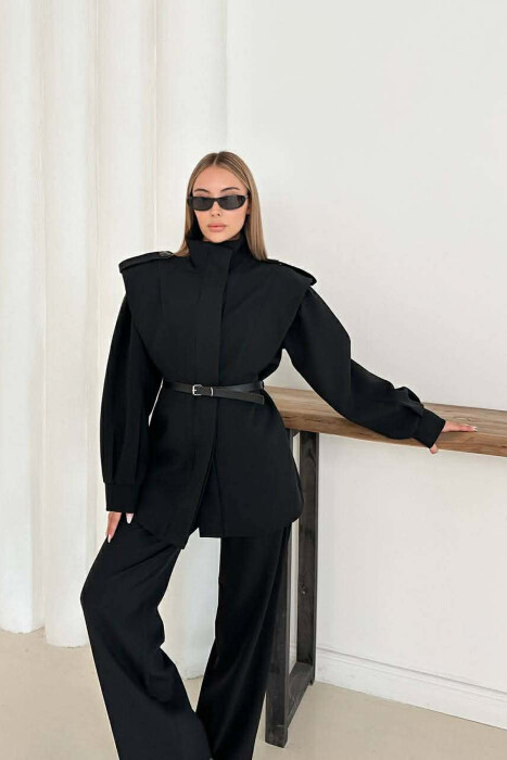 ONE COLOR BELT DETAIL HIDDEN BUTTON UP JACKET+ TROUSERS WOMEN SET BLACK/ E ZEZE - 7