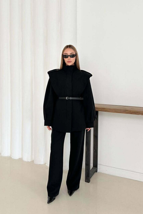 ONE COLOR BELT DETAIL HIDDEN BUTTON UP JACKET+ TROUSERS WOMEN SET BLACK/ E ZEZE - KLAUDIO FASHION