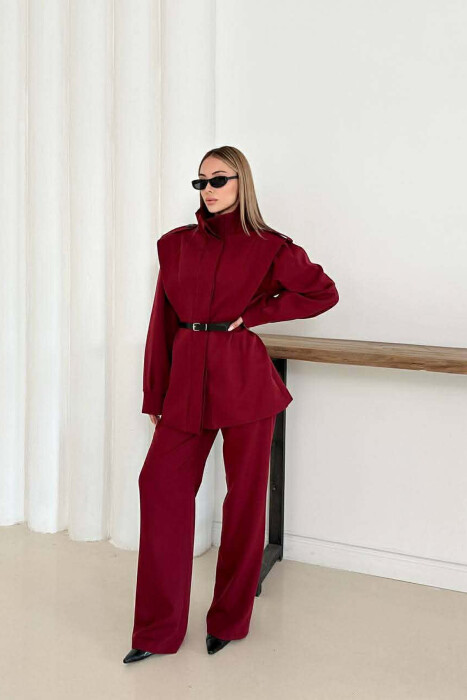 ONE COLOR BELT DETAIL HIDDEN BUTTON UP JACKET+ TROUSERS WOMEN SET BURGUNDY/VISHNJE - 1