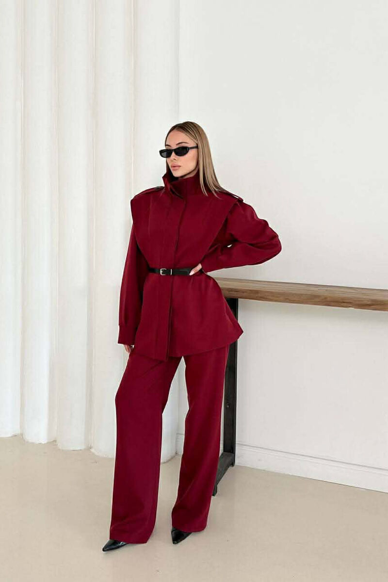 ONE COLOR BELT DETAIL HIDDEN BUTTON UP JACKET+ TROUSERS WOMEN SET BURGUNDY/VISHNJE - 1