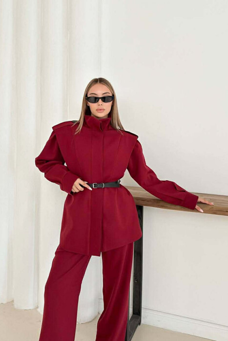 ONE COLOR BELT DETAIL HIDDEN BUTTON UP JACKET+ TROUSERS WOMEN SET BURGUNDY/VISHNJE - 2