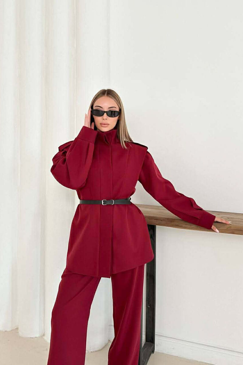 ONE COLOR BELT DETAIL HIDDEN BUTTON UP JACKET+ TROUSERS WOMEN SET BURGUNDY/VISHNJE - 3