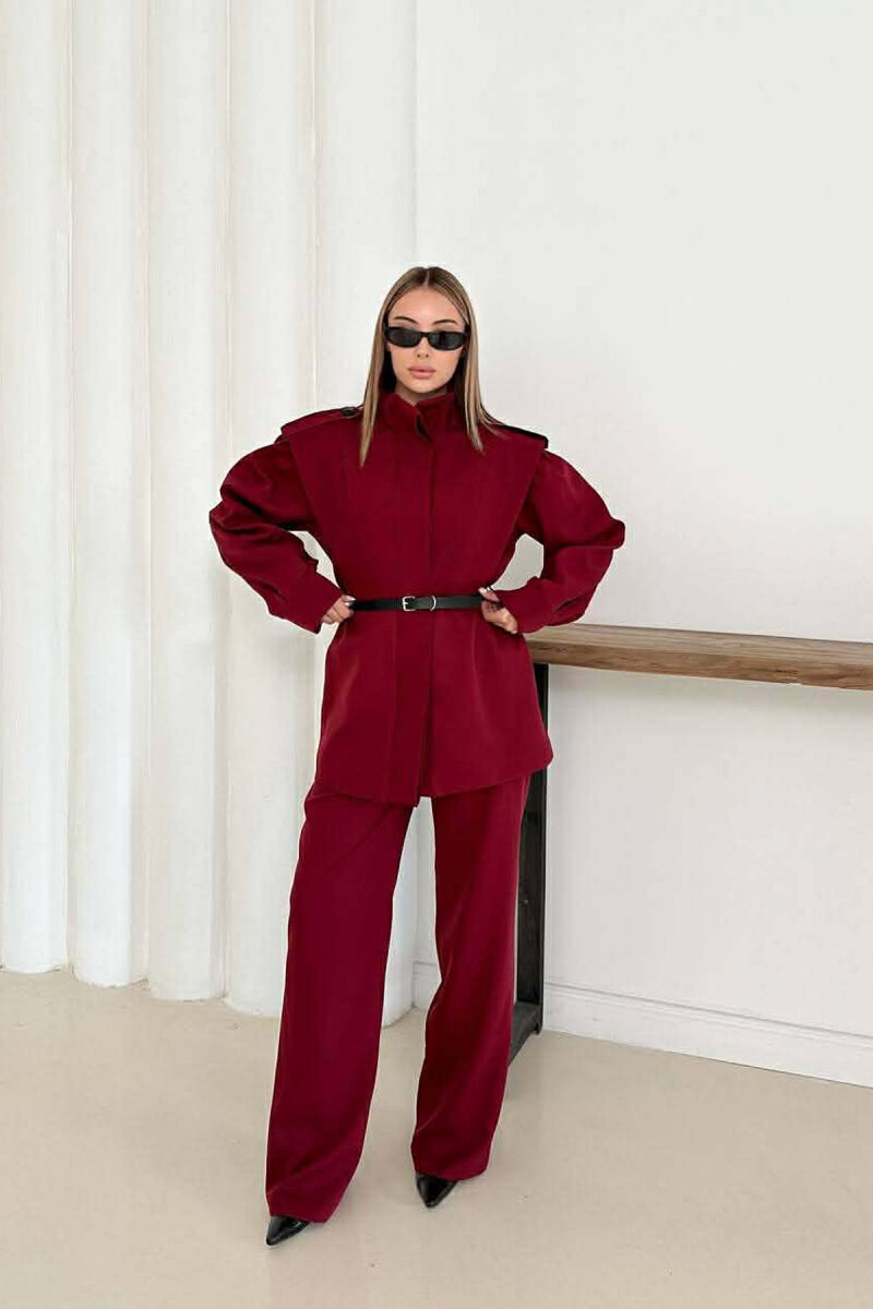 ONE COLOR BELT DETAIL HIDDEN BUTTON UP JACKET+ TROUSERS WOMEN SET BURGUNDY/VISHNJE - 4
